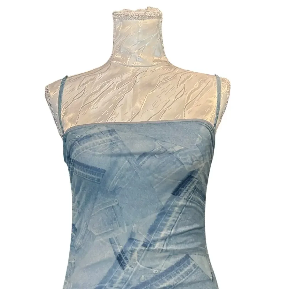 Good American Denim Print Stretch Midi Dress Ruched Coquette Size 1 - Picture 6 of 15